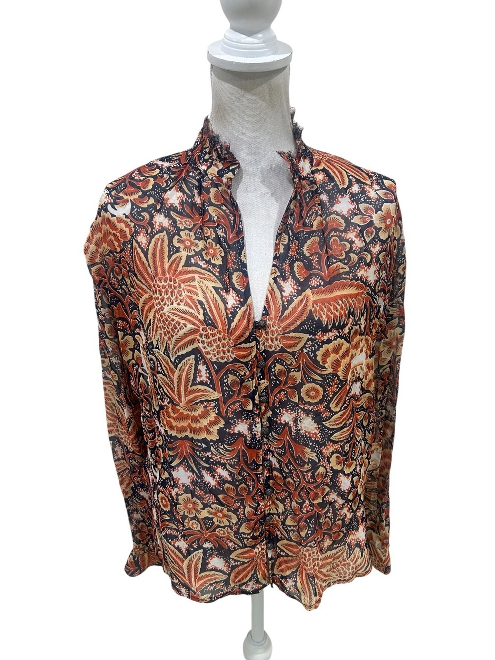 Pilcro Floral Print Ruffle split Neck button Blouse navy orange lined size 8